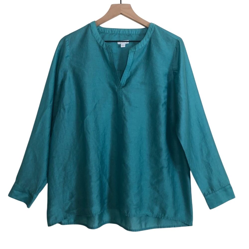 J. Jill Peasant Tunic Teal Soft Tencel Long Sleeve Split VNeck Collar Blouse Top